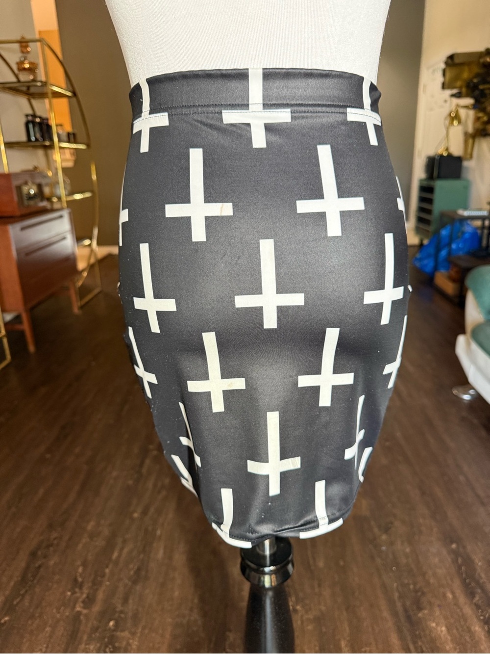 Blackmilk clothing Black & White Cross Print Pencil Skirt- Size Small